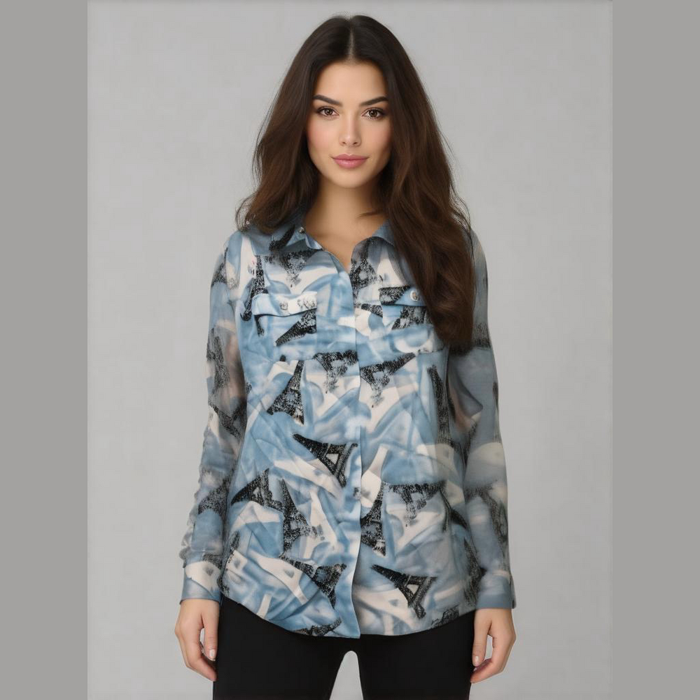 karl Lagerfeld Women’s Paris Eiffel Tower Print Long Sleeve Button Up Shirt M